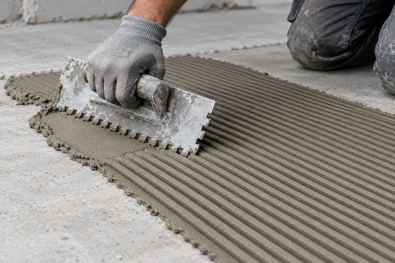 Illustrative application: gloved hand combing cementitious tile adhesive into ridges with a notched trowel.