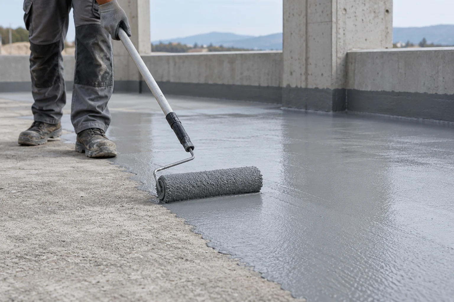 Illustrative application: worker rolling liquid waterproofing onto concrete.